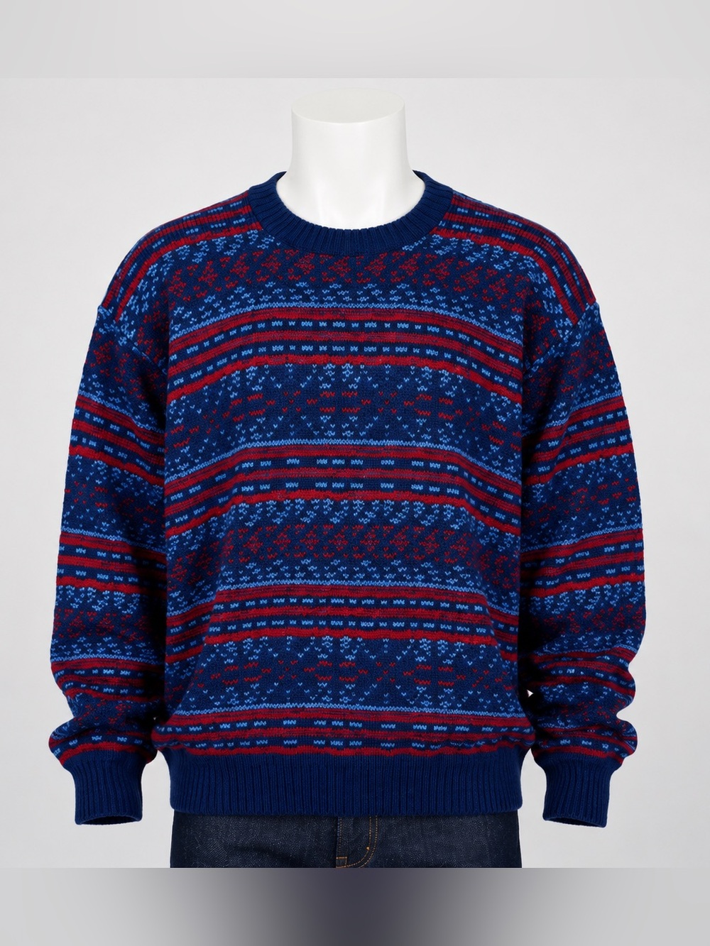 Jantzen Sweater Mens Large Blue Red Fair Isle Knit Crewneck Pullover USA Vintage